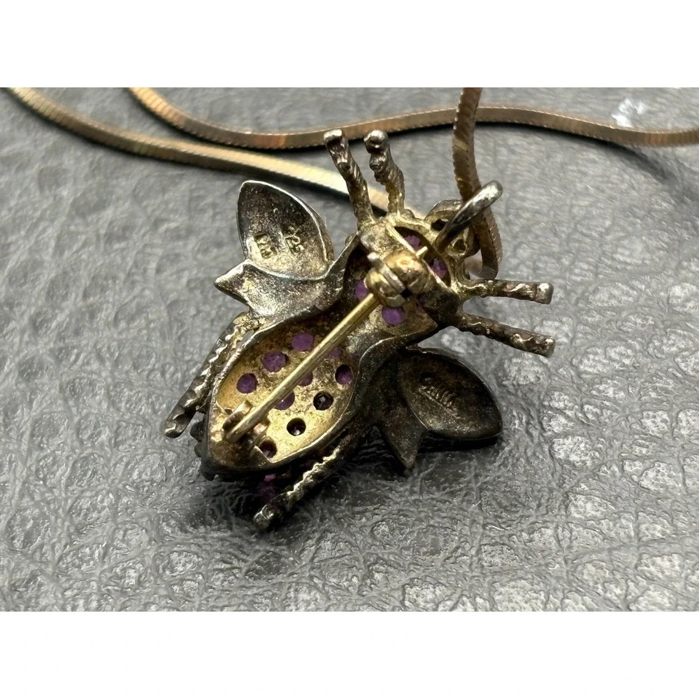 Vintage Insect Bee Ruby Sterling Silver  Pendant Brooch & Chain Necklace  17
